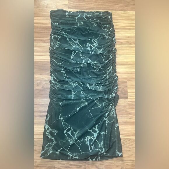 Zara Deep Green Marble Print Mesh Ruched Midi Skirt Size Small - Picture 7 of 7